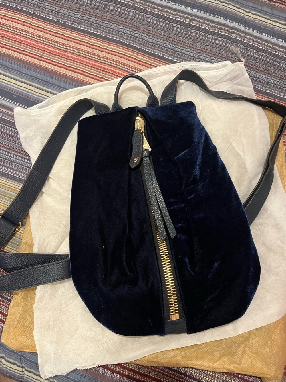 Aimee Kestenberg Velvet Navy Backpack with Gold Zipper